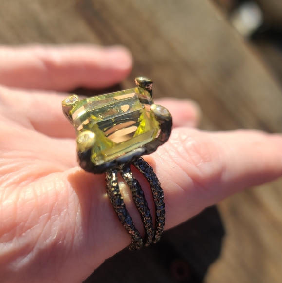 HUGE 16k biased diamond cut Natural Lemon Quarts Sterling & Rhodium ring sz8.5 - Picture 7 of 12